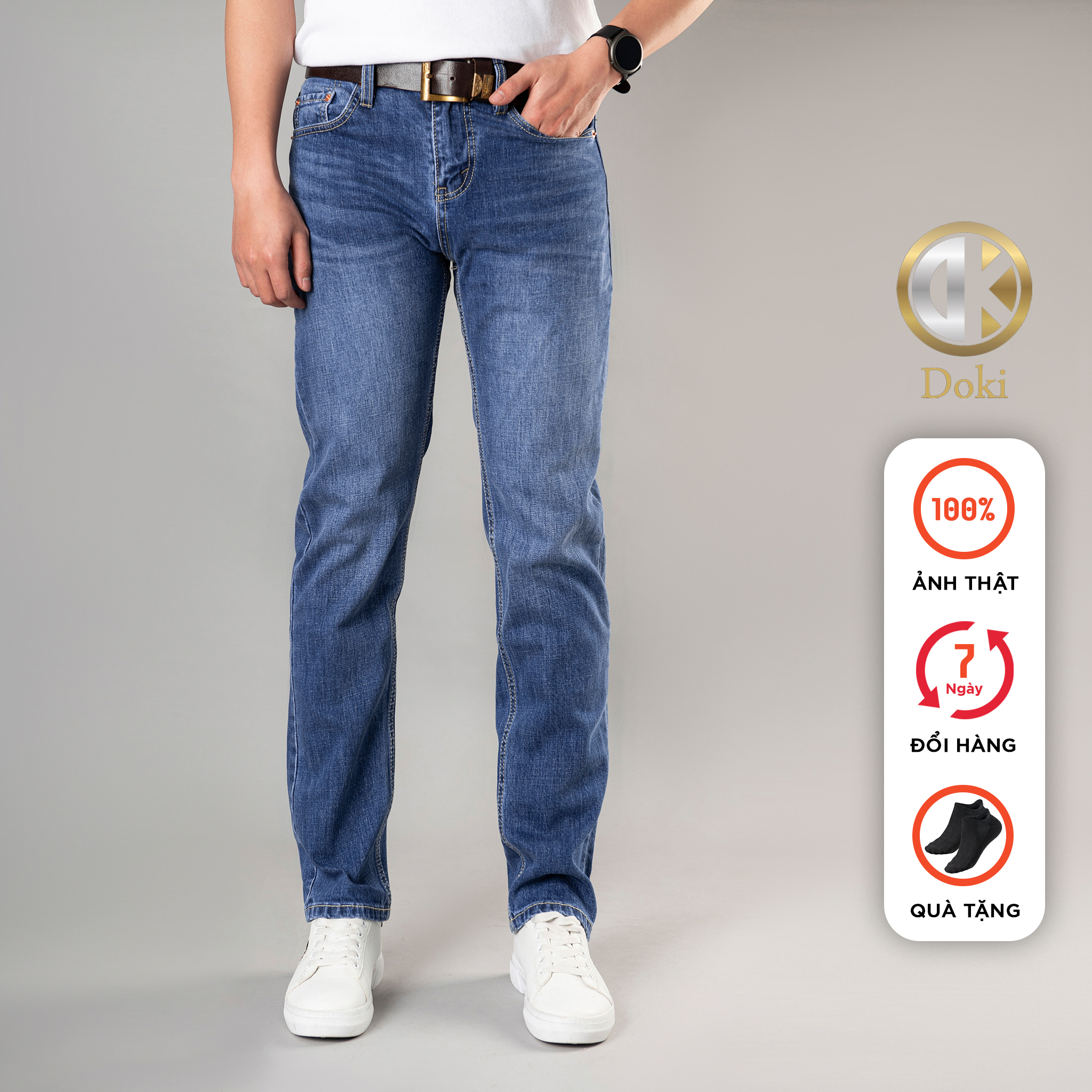 Quần Jean Nam Màu Xanh Dương DK-02 Quần bò Nam Dáng đứng, Ôm nhẹ, ống 17-18 cm, Chất vải co giãn, thoáng mát, Made in Cambodia - Doki