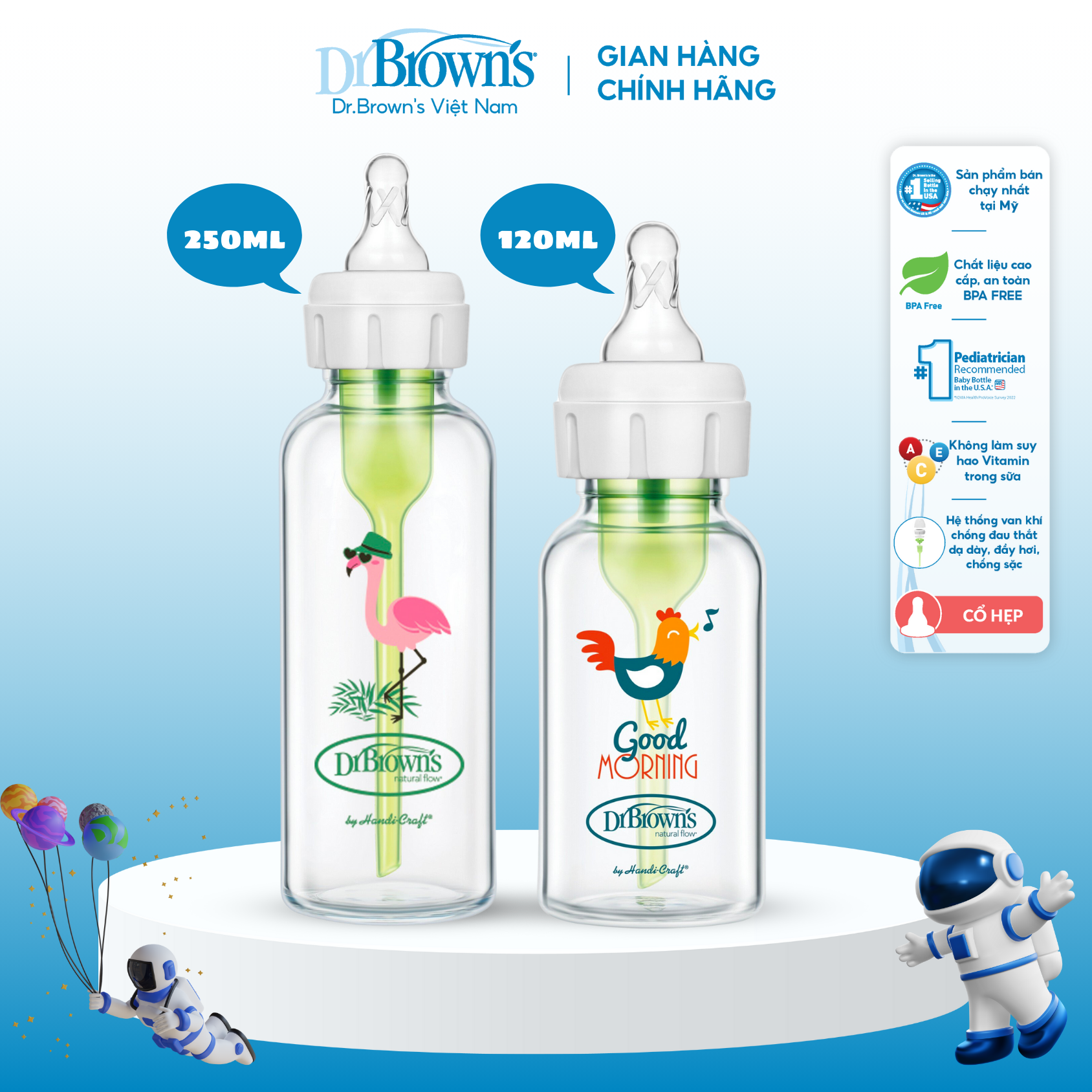 Bình sữa Dr.Brown's Thủy tinh cổ hẹp 120ml và 250ml Option Plus( sản xuất tại Trung Quốc)