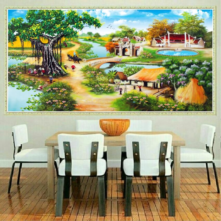 Tranh đính đá Phong cảnh | Làng quê Kt 133*75cm