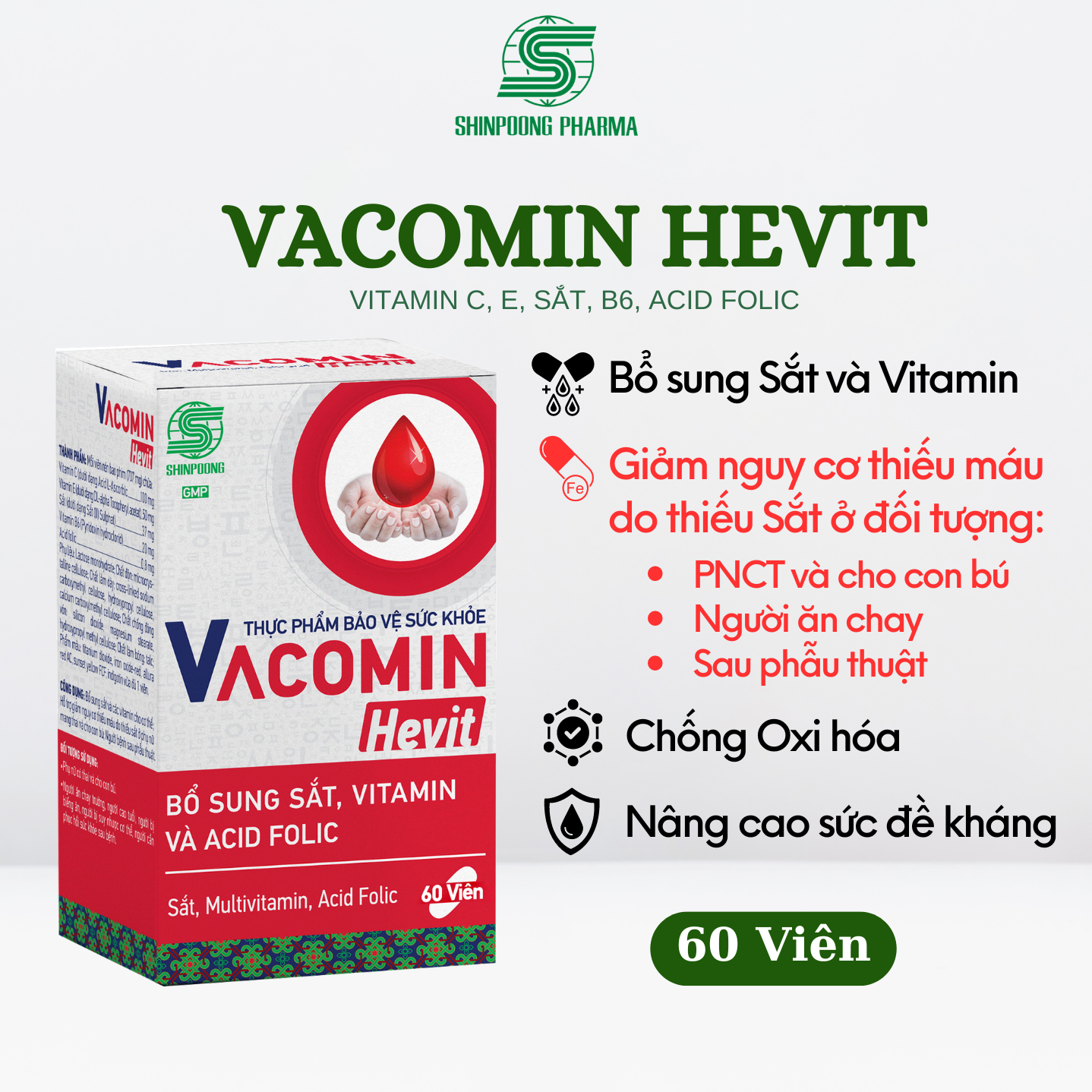 (Hộp 60V) Viên Uống VACOMIN HEVIT Bổ Sung Sắt Cho Người Có Nguy Cơ Thiếu Máu, Bà Bầu, Người Ăn Chay - SHINPOONG PHARMA