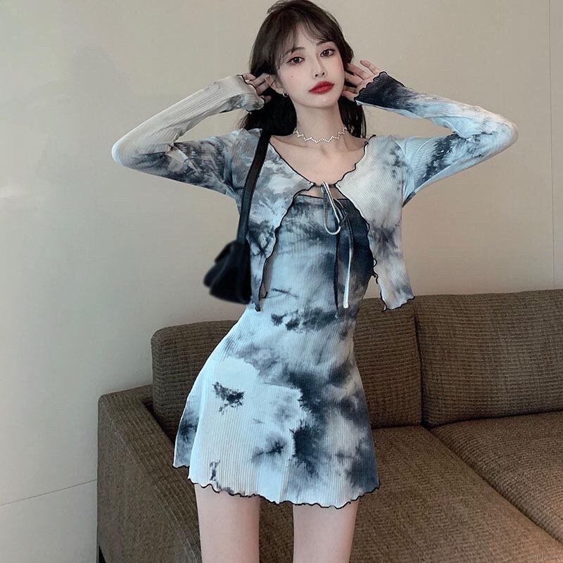 Bộ đầm ống + áo khoác cardigan thiết kế màu nhuộm thời trang Hàn Quốc