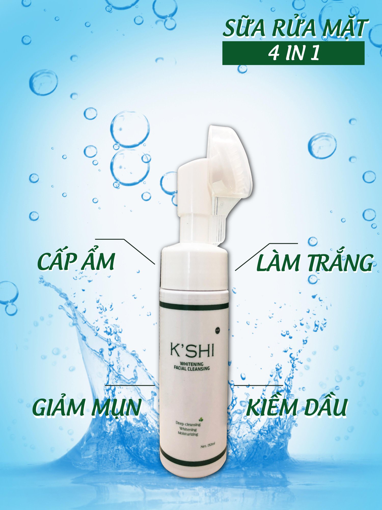 [KM SỐC] Sữa Rửa Mặt Trắng Da Ngừa Mụn Kiềm Dầu Có Đầu Cọ Tạo Bọt K’shi Whitening Facial Cleansing 150ml