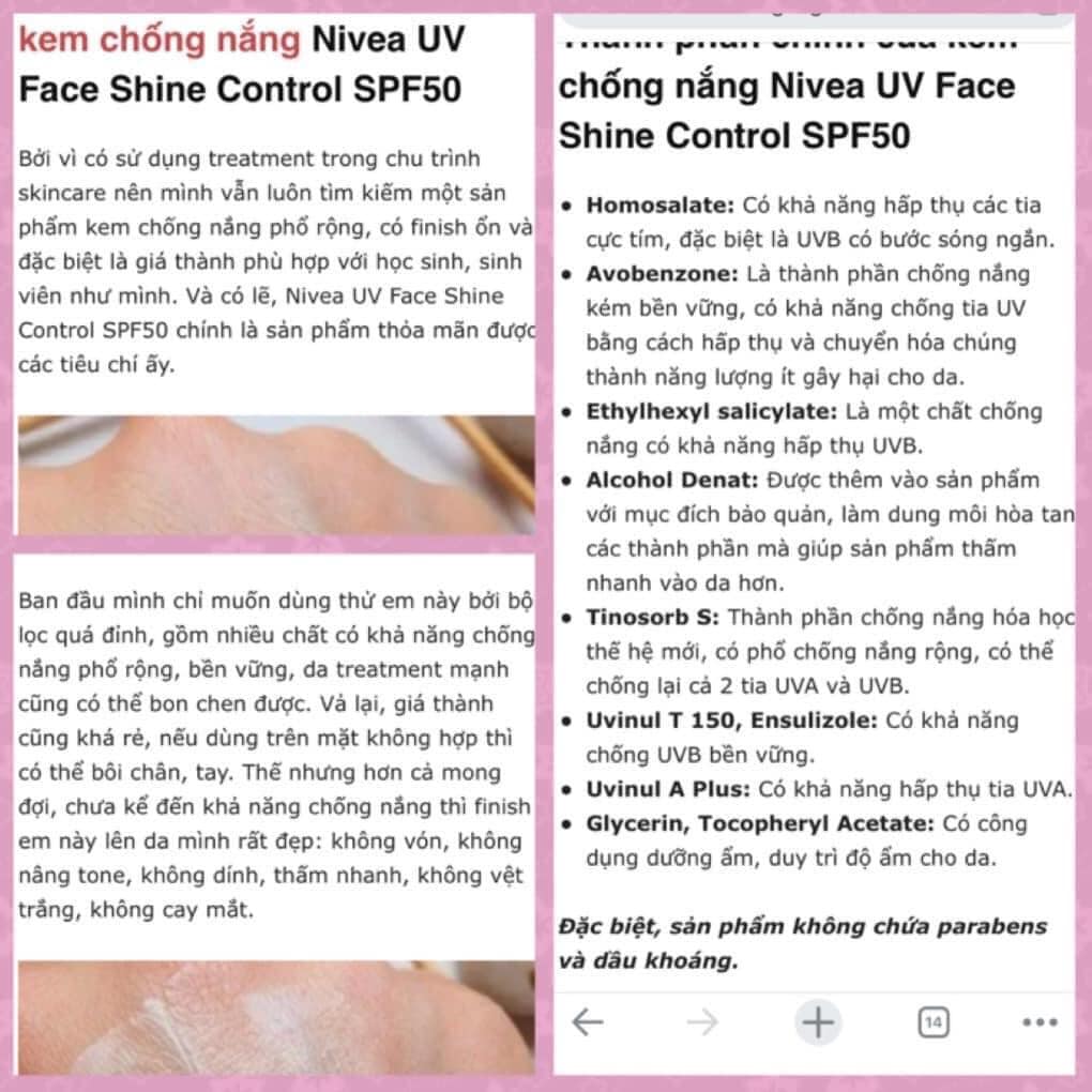 Kem chống nắng Nivea Shine Control SPF 50 UV Face