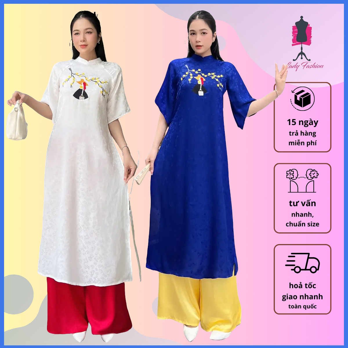 Áo dài suông cách tân gấm hoa thêu trực tiếp cho nàng thêm chanh xả – AD021