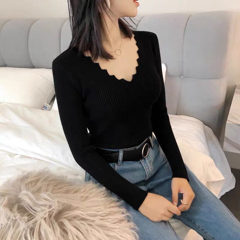 MS373 Áo len tăm nữ cổ tim cách điệu