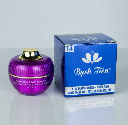 Bạch Tiên T4 - Kemdưỡng trắng, ngừa sạm, ngừa nhăn da, mờ thâm quầng mắt Phiến hồng hoa - Saffron 17g (tím) - Mỹ Phẩm Nhật Việt Chính Hãng