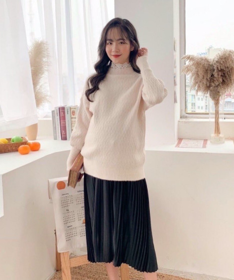 Chân váy bầu midi xếp ly lụa gân Thượng Hải - Đồ Bầu Xinh