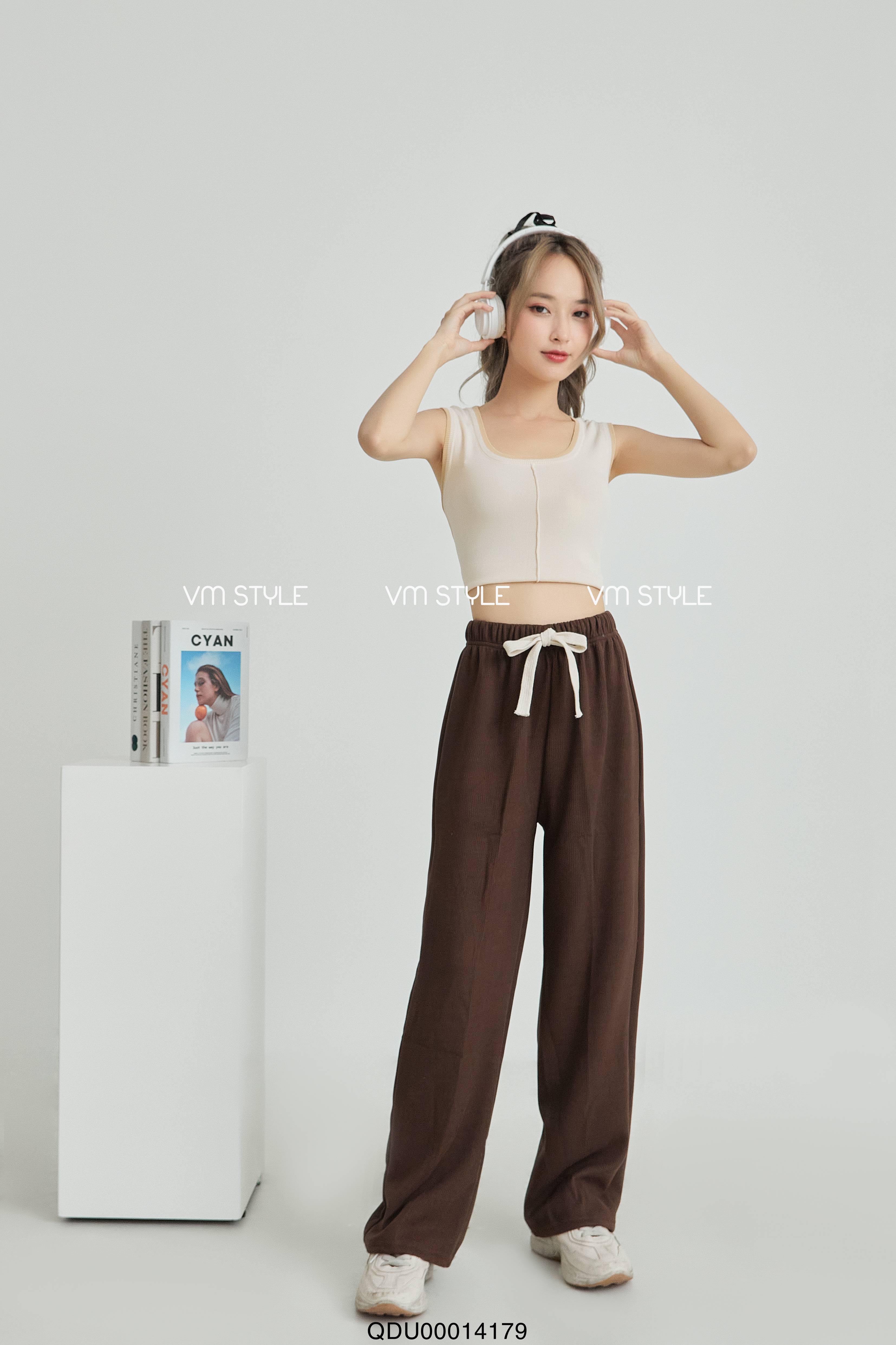 Quần dài nữ VMSTYLE QDU00014 ống suông nhung gân lưng thun dây rút 2740