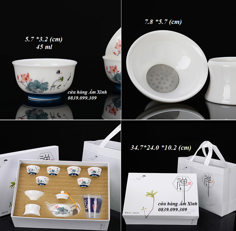 Bộ ấm chén sứ Bạch Định Thấu Quang