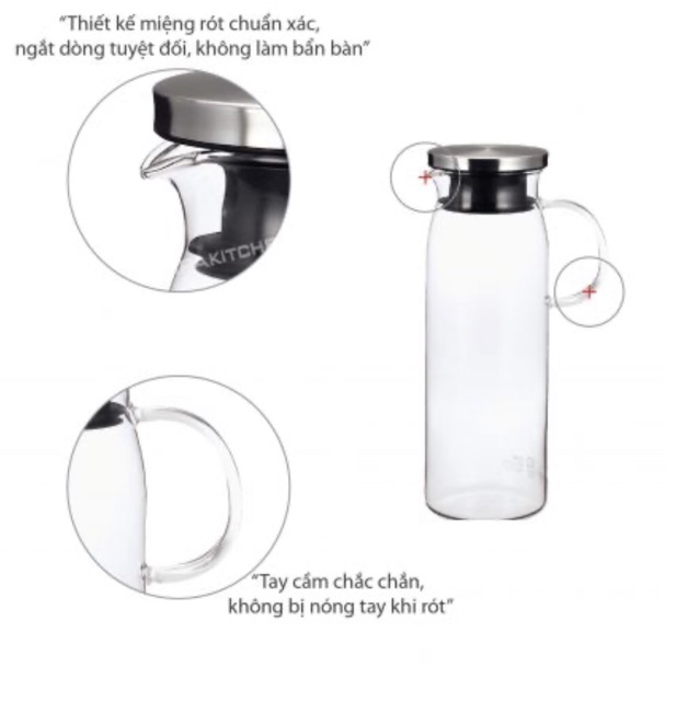 Bình nước thủy tinh Iwaki 1L có quai