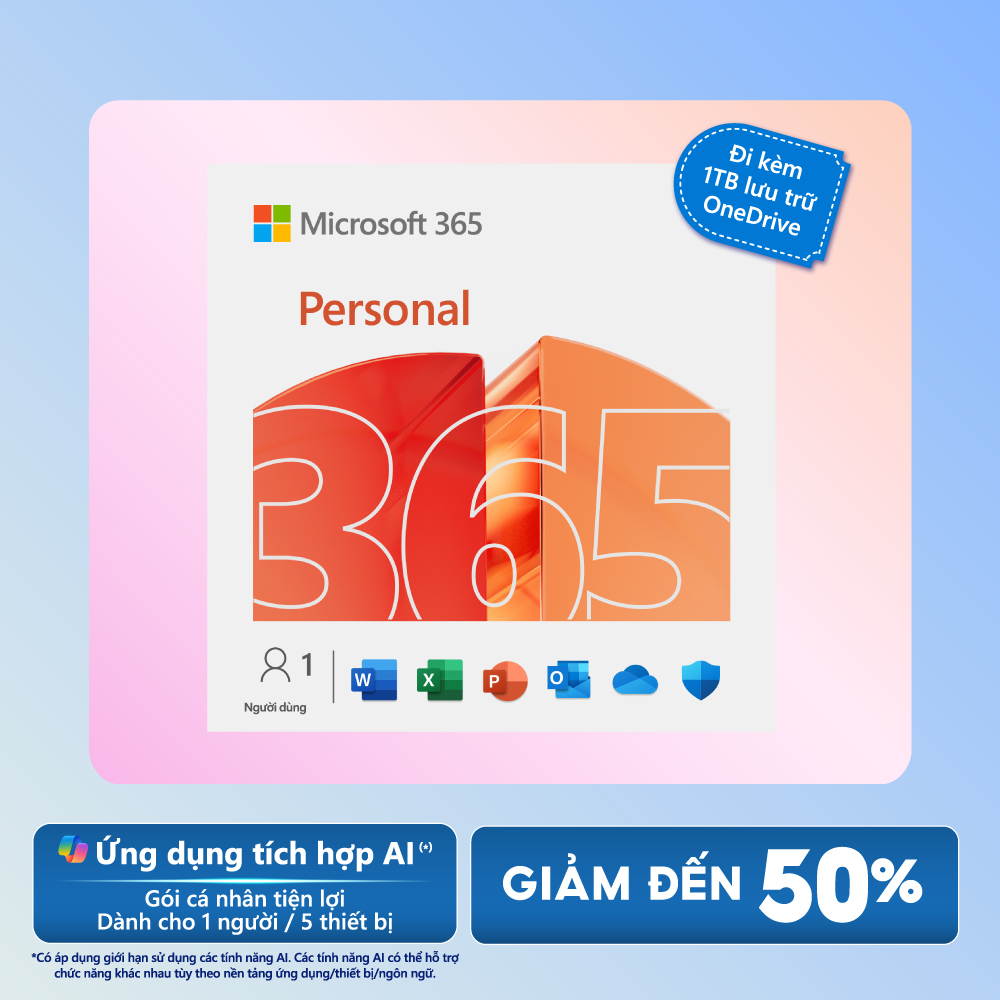 [ KEY GIA HẠN hoặc MUA MỚI ] Phần mềm Microsoft 365 PERSONAL | Dành cho 1 người | 12 tháng | 5 thiết bị/tài khoản | Word, Excel, PowerPoint | 1TB OneDrive