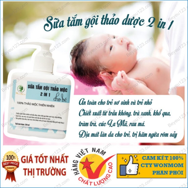 Sữa tắm gội thảo mộc 2-1 ko cay mắt an toàn cho bé Wonmom 250ml - Việt Nam