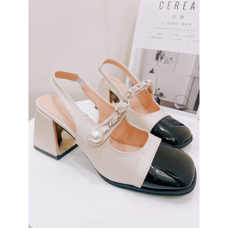 Sandal bít mũi vuông đen quai ngọc 7 phân hot
