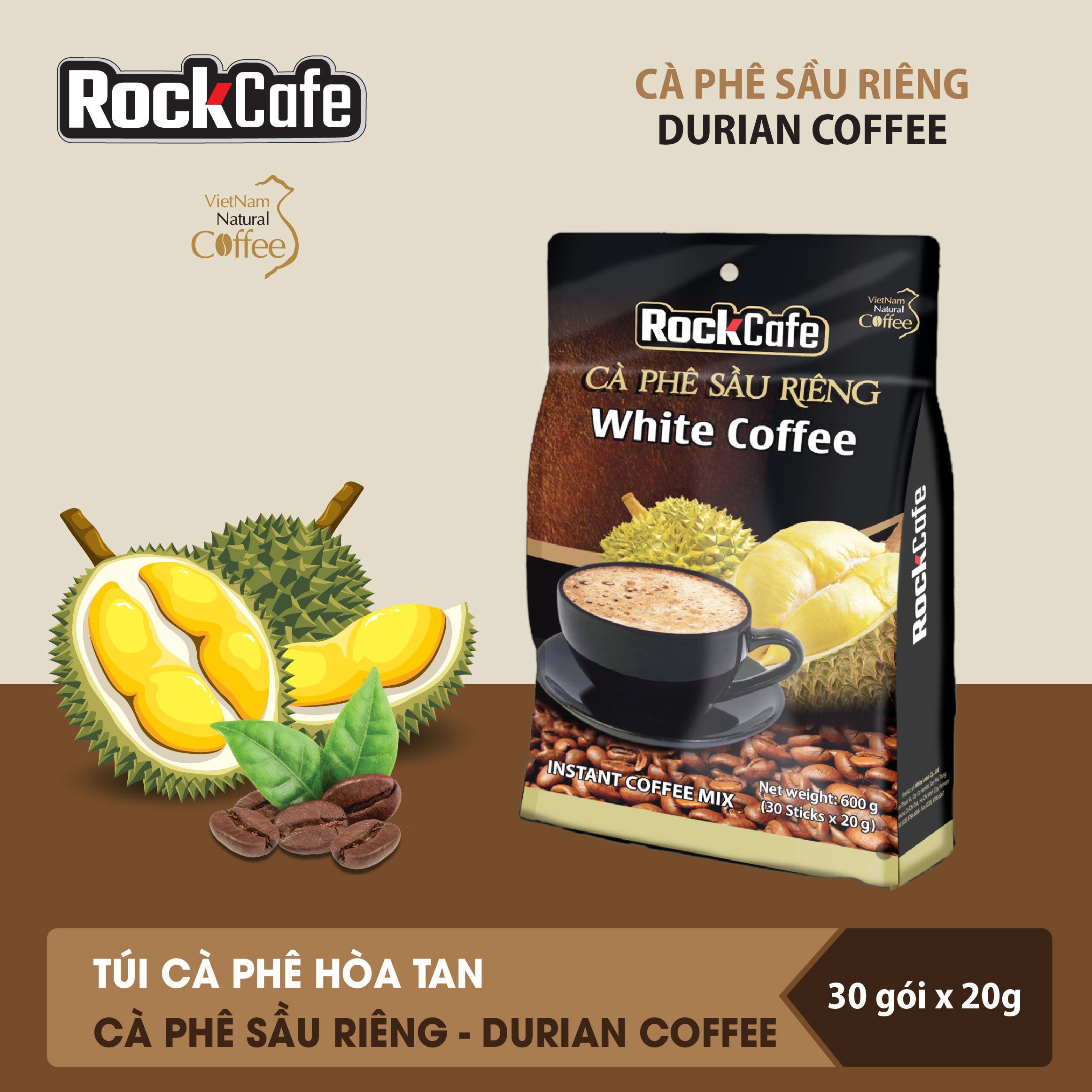 RockCafe - Cà phê sầu riêng , túi 600g (30 gói x 20g)