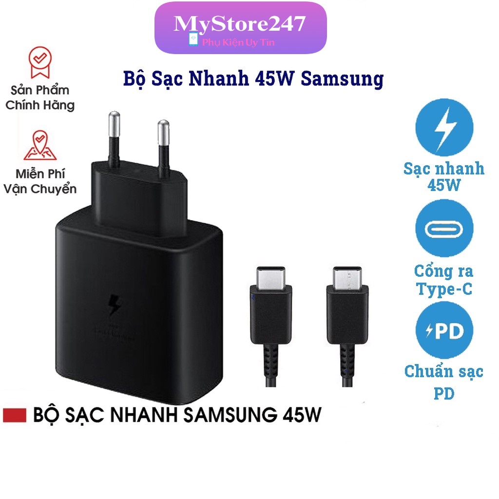 Bộ sạc nhanh samsung 45w cho dòng android, samsung note 20, s20,s21,s22..., máy tính bảng và các dòng máy khác sạc nhanh 45w type c-typec