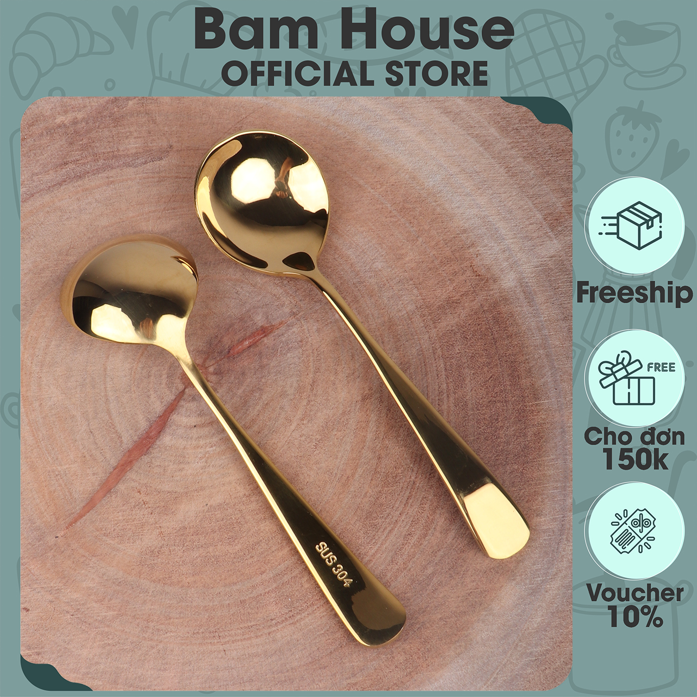 Muỗng inox 304 Bam House Soup tròn vàng dày cao cấp MST07
