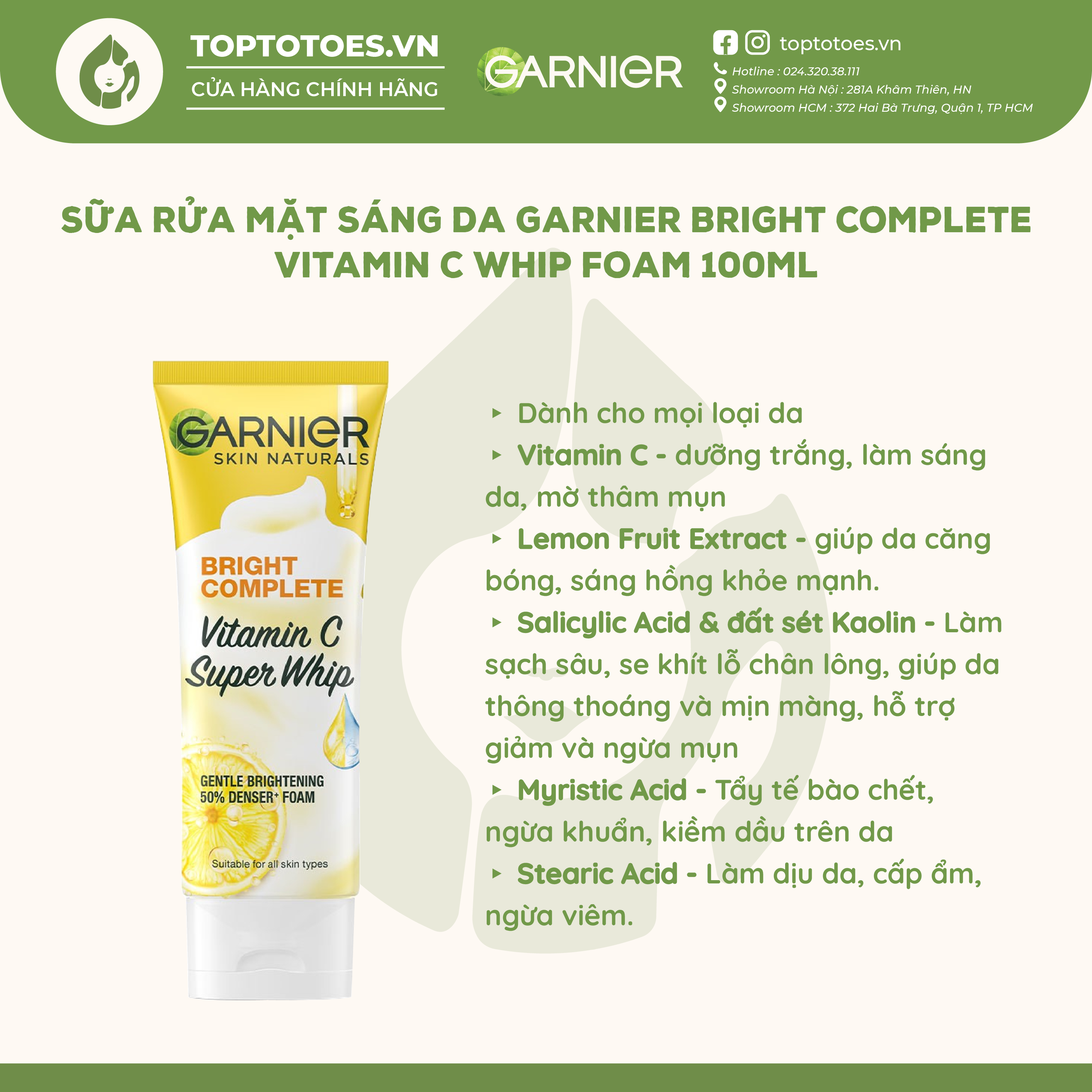 Sữa rửa mặt Garnier Bright Complete giảm mụn, sáng da