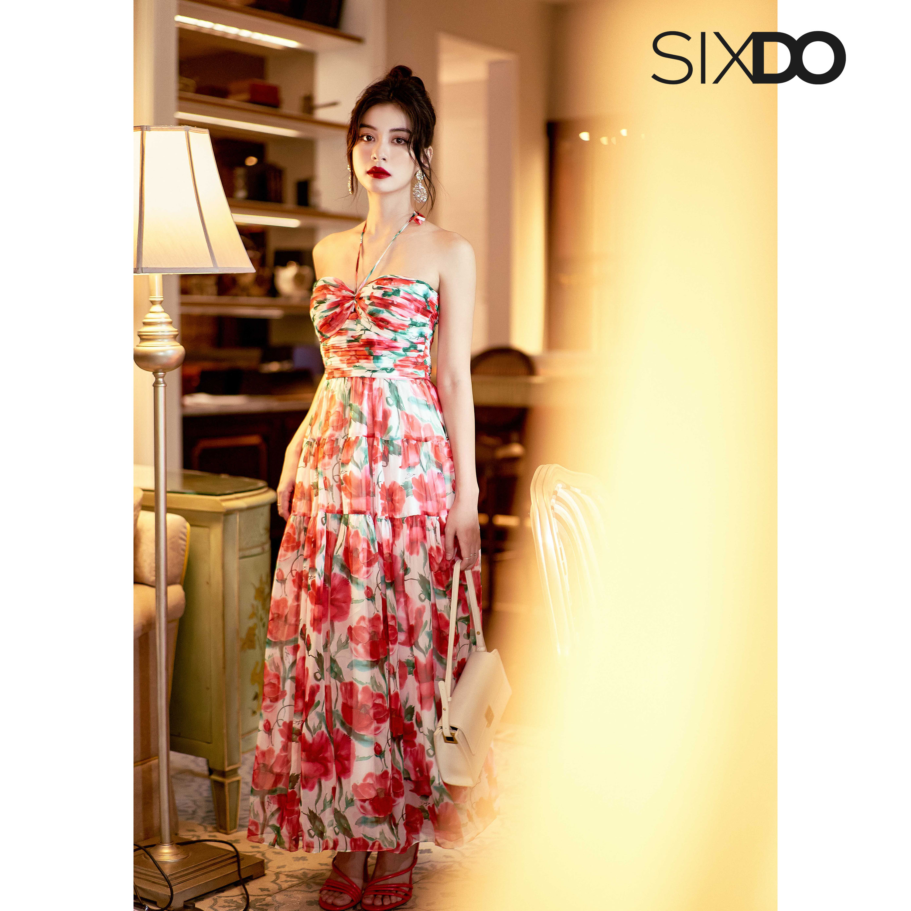 Đầm voan hoa cúp ngực SIXDO (White Cherry Blossom Midi Voile Dress)