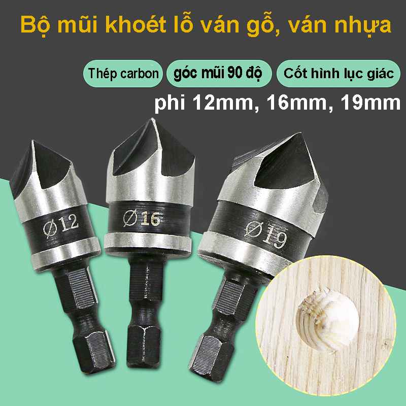 Bộ 3 mũi khoan khoét ván gỗ, ván nhựa phi 12mm, 16mm, 19mm