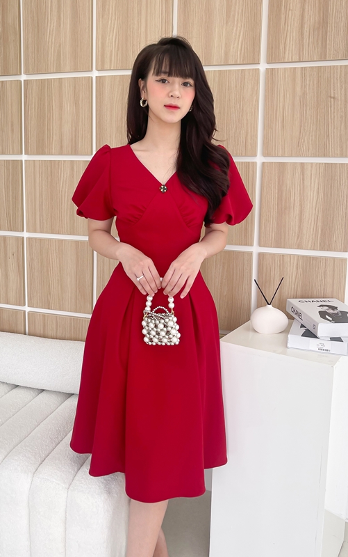 [VOUCHER 12%/149K] Váy Xếp Ly Cổ V Tay Bồng Công Sở Kiểu Dáng Basic By LEMIA Design - 22V041