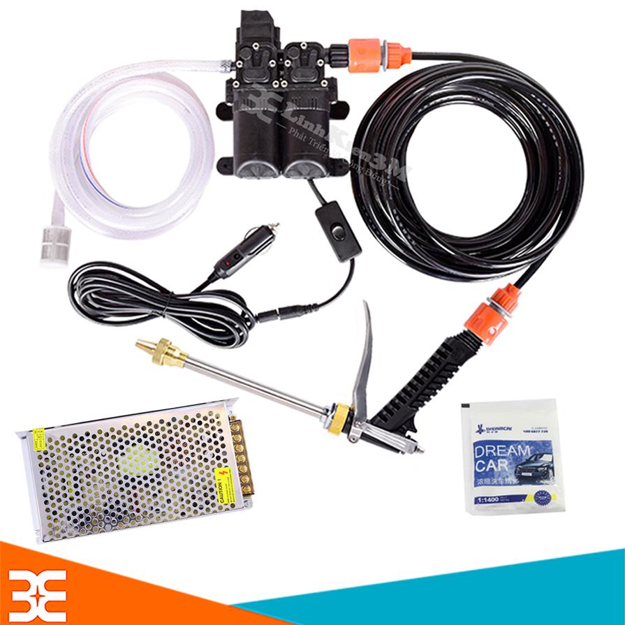 Combo máy bơm cao áp rửa xe 12v 120w siêu khỏe + nguồn 12v 10a full phụ kiện
