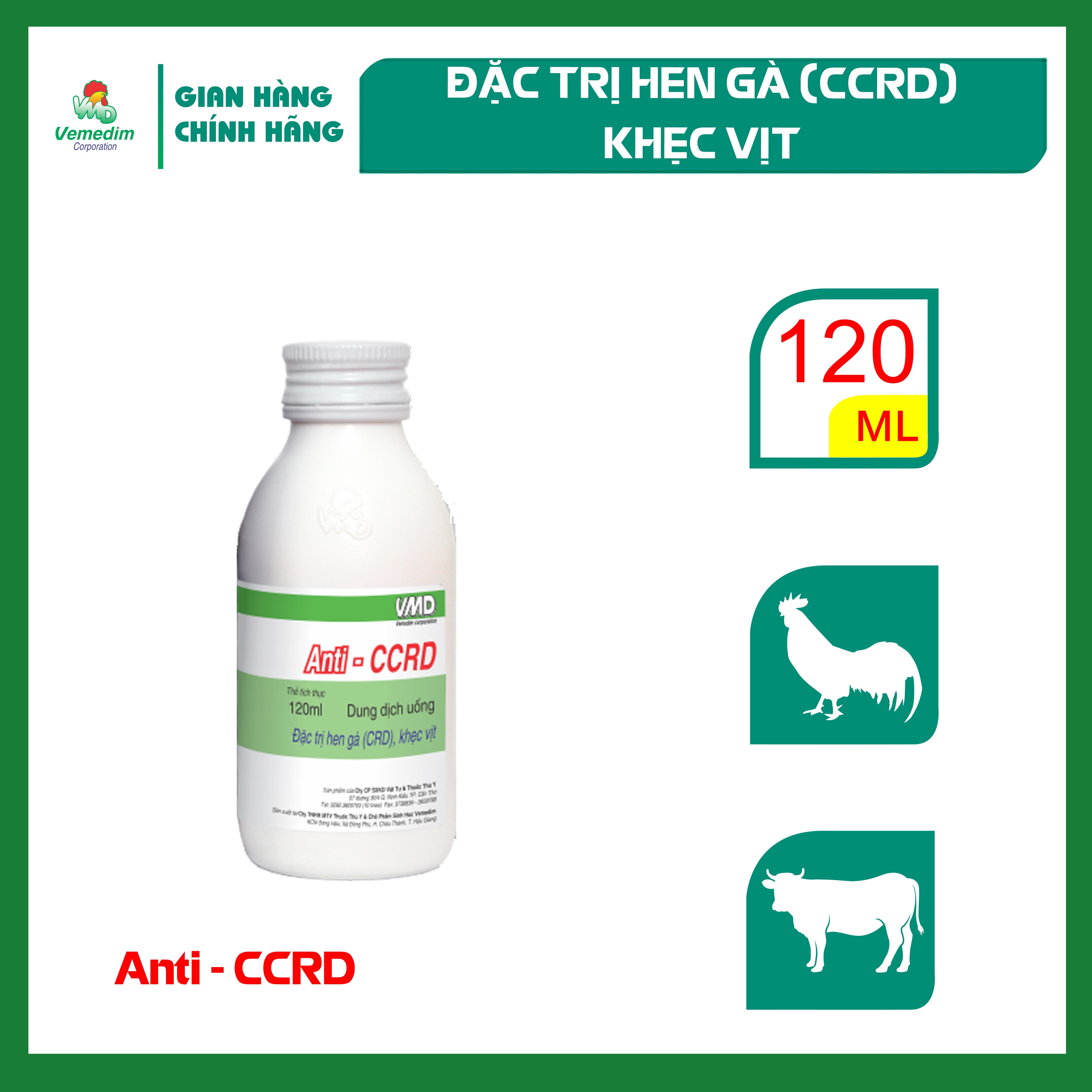 "Hoàn tiền đến 10%" Vemedim Anti-CCRD dung dịch uống cho gà, vịt bị hen, khẹc, chai 120ml
