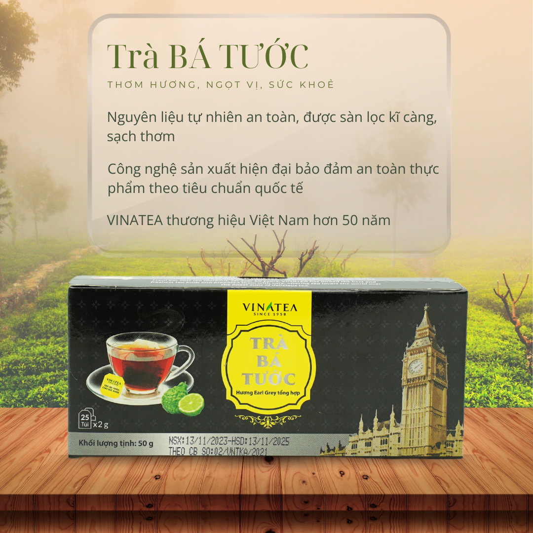 Trà Bá Tước khối lượng 50g, trà túi lọc đậm vị thơm đặc trưng hộp 25 túi, hồng trà đen Vinatea