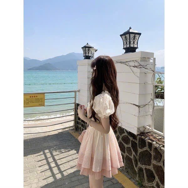 Đầm gấm Loang phối tơ cổ bèo cột nơ đẹp