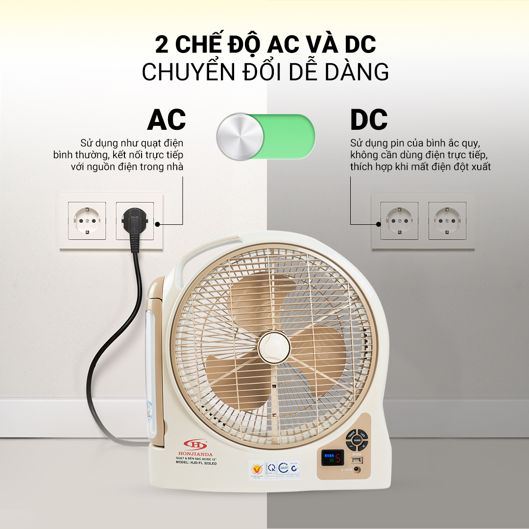 Quạt sạc tích điện dạng hộp AC&DC 12 inch Honjianda FL323/FL313 1-2 bình - có đèn LED & USB