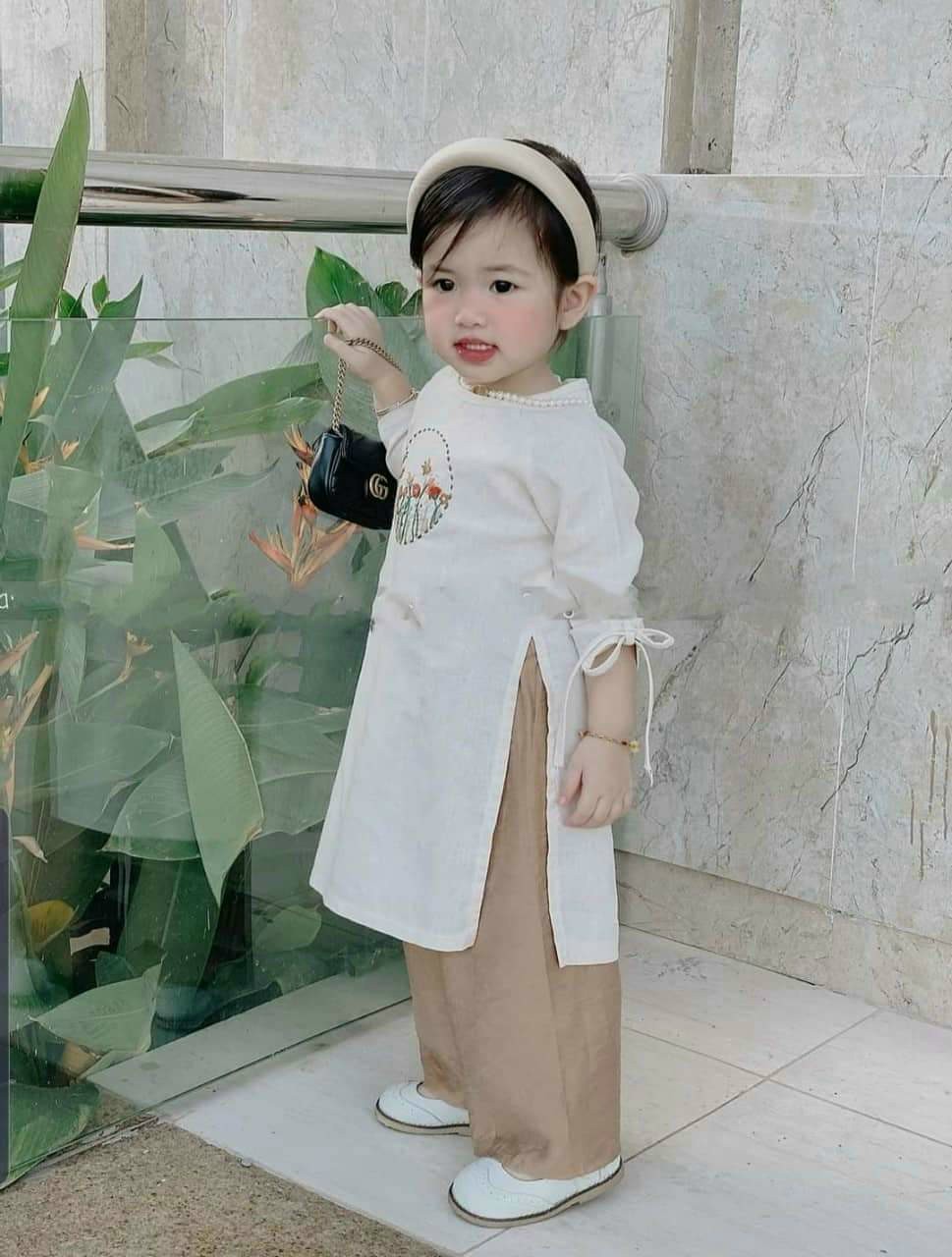 Set áo dài bé gái dây rút Linh Nhi chất lụa mango mềm mại - ST45