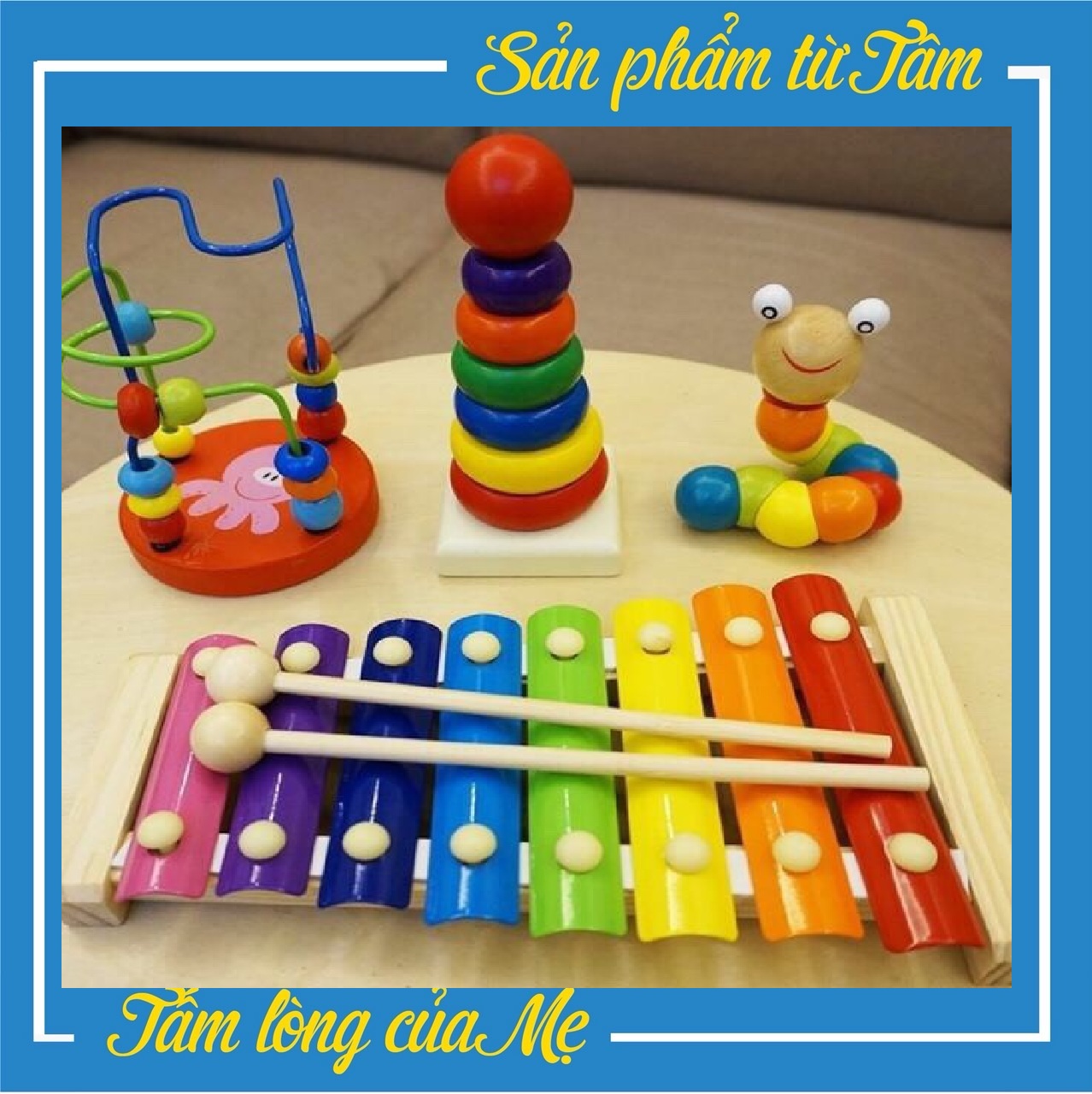 Đồ chơi trẻ em đồ chơi gỗ combo 4 món đàn tranh + luồn hạt + tháp gỗ + sâu
