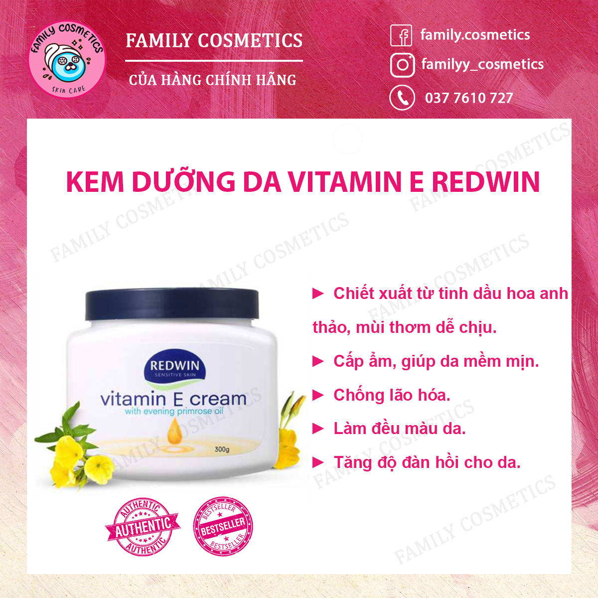 Kem dưỡng da body vitamin E Redwin Cream (hũ 300gr) Úc