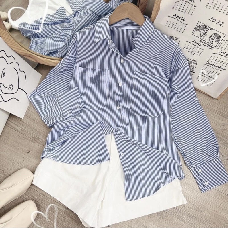 set áo sơ mi sọc kèm quần short có size (tặng kèm áo dây đen)