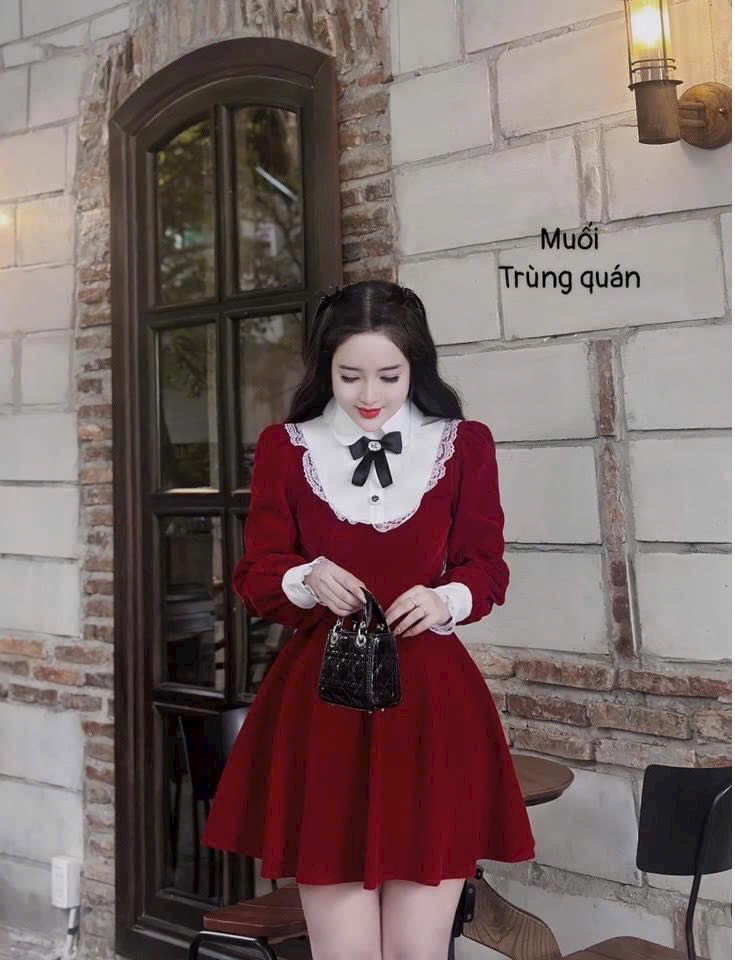 Váy đầm dự tiệc nữ, váy nhung ngắn, tay dài, cổ phối lụa, váy có lót