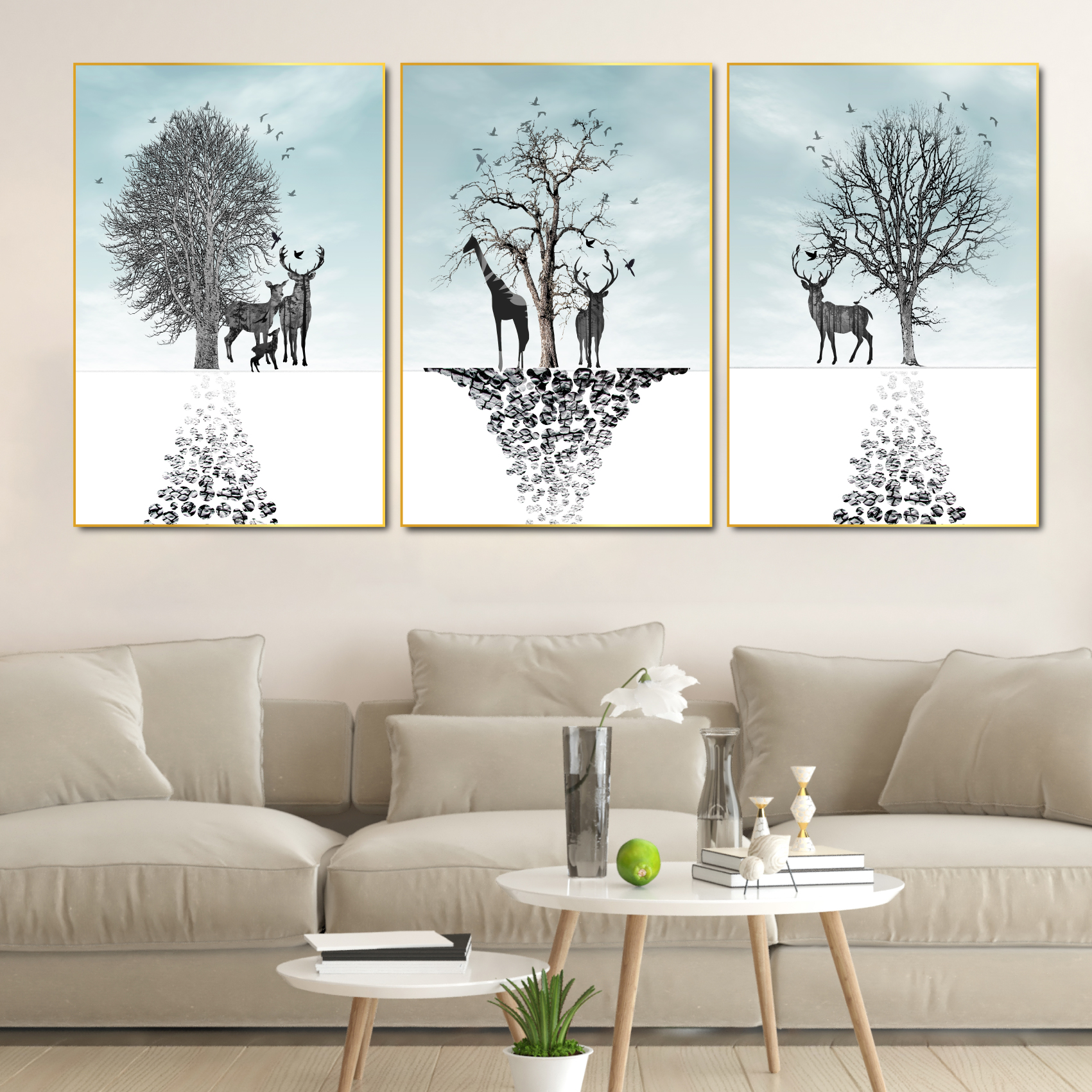 [HCM-Sẵn Khung] Bộ 3 bức tranh treo tường có khung khổ lớn tranh Nghệ Thuật Trắng Đen Tranh treo tường vải canvas tranh Gỗ trang trí phòng khách đẹp giá rẻ tranh treo tường 3D hiện đại ( tặng đinh