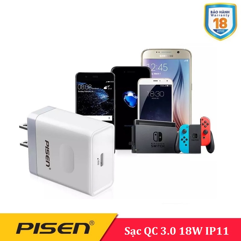 Bộ sạc cáp Pisen 18W - Cho Iphone 11 QC3.0 ( Sạc 18W + Cáp dây dù 3A Lightning&Type-C)