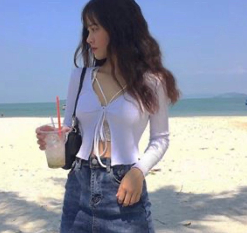 Áo kiểu tay dài phối buộc dây trước sexy, áo kiểu nữ, áo thun gân