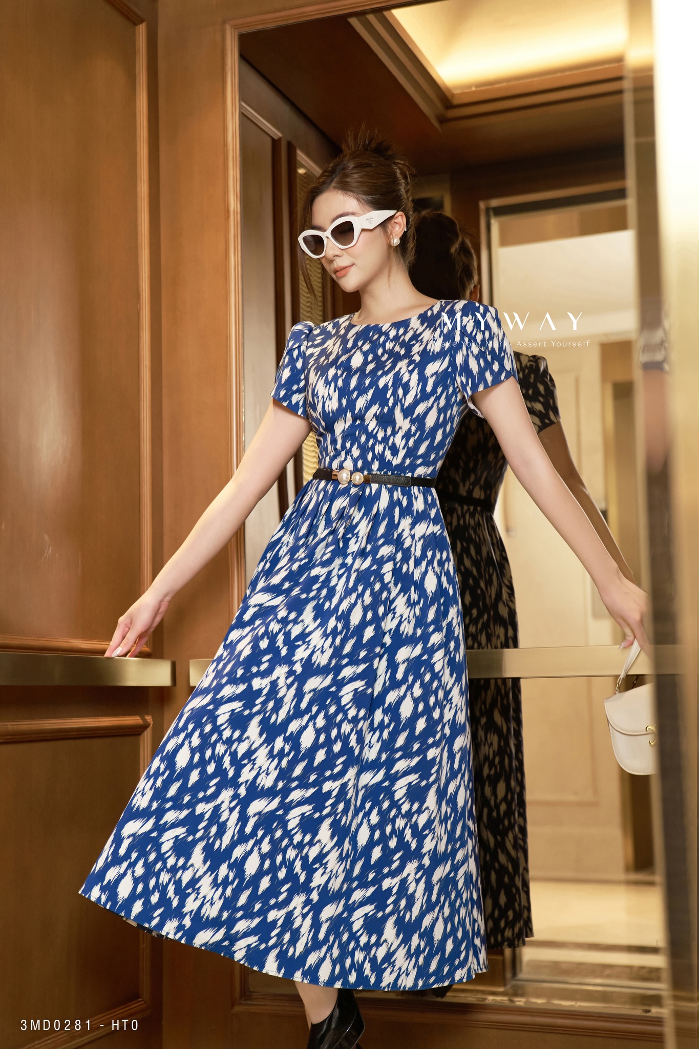 Đầm lụa nữ my way công sở họa tiết phong cách quý phái cao cấp 3md0281