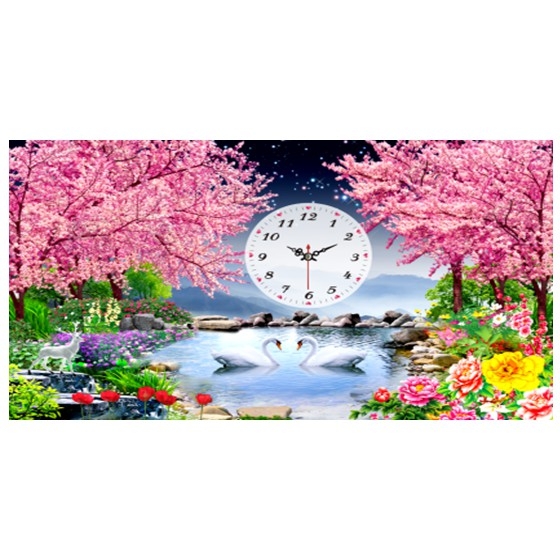 Tranh đính đá đồng hồ hồ thiên nga 83x55cm