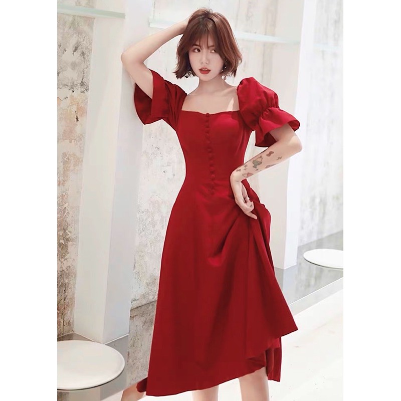 Đầm cổ vuông, tay bo, nút bọc ms154