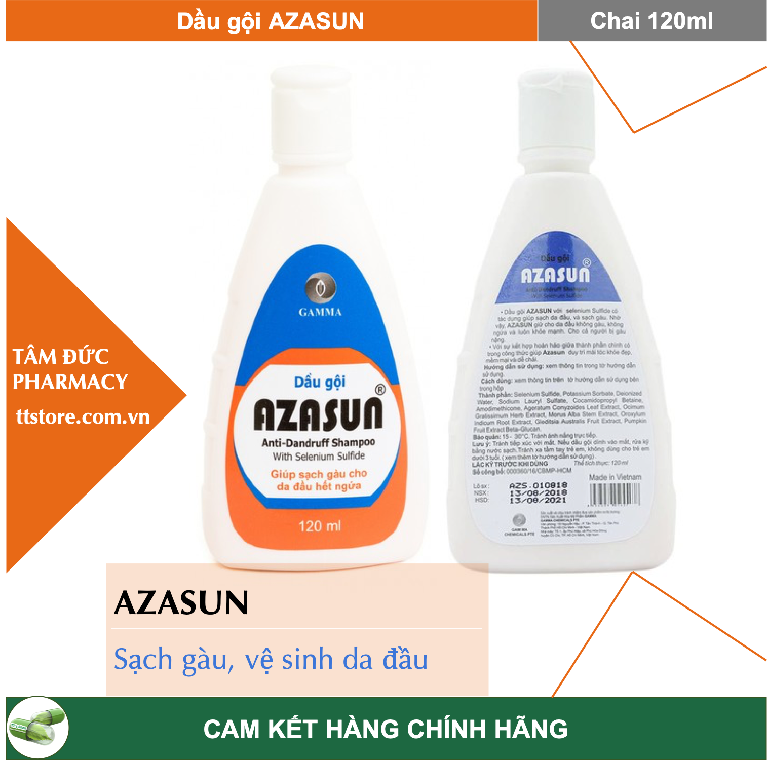 [HCM]AZASUN [Chai 120ml] - Dầu gội sạch gàu Azasun 1% (gàu mảng gàu vón  vảy da đầu)
