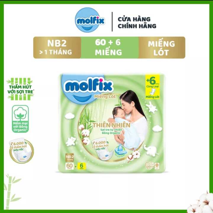Miếng lót Molfix Thiên Nhiên (NB2 60+6 > 1 tháng, tổng 66 miếng)