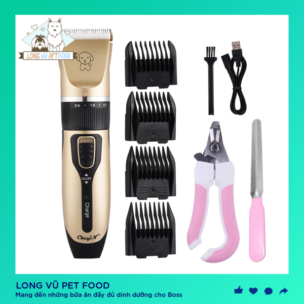 Bộ dụng cụ chải lông thú chuyên dụng gồm tông đơ cắt lông chó mèo các đầu cạo lông dụng cụ cắt móng tay không gây tiếng ồn dành cho thú cưng - Long Vũ Pet Food