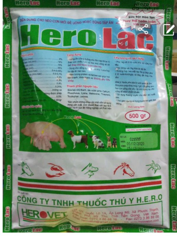 Hero Lac gói 500 gram sữa cho heo con mới đẻ hoặc dùng tập ăn hsd 29/01/2022
