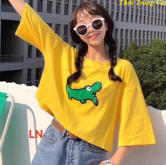 Áo croptop tay lỡ in hình cá xấu đáng yêu TTSLA0109