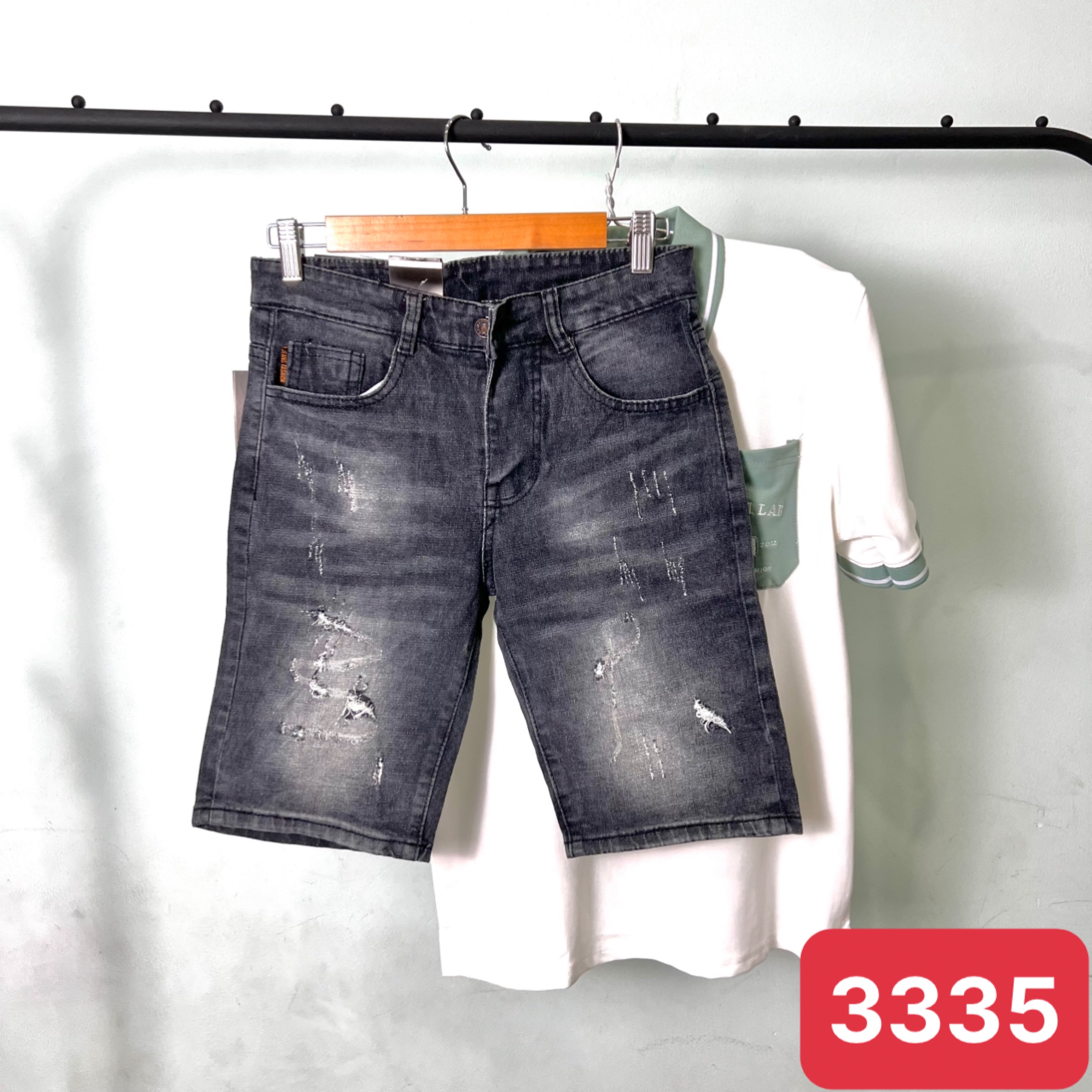 Quần short jean nam rách kiểu cao cấp màu đen king168 sjna3335