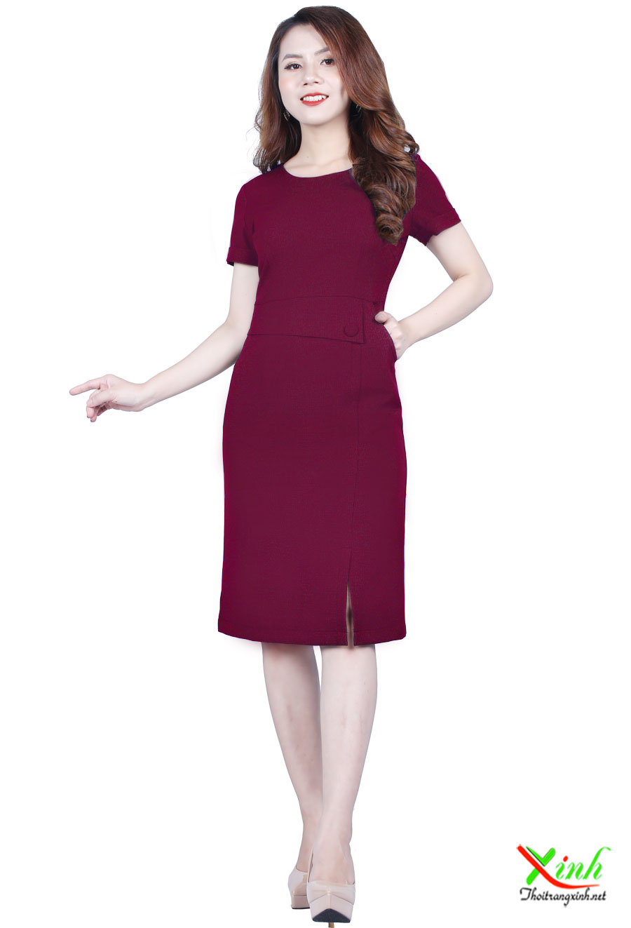 Đầm Đỏ Đô Cherry Xẻ Tà Nhẹ DL792