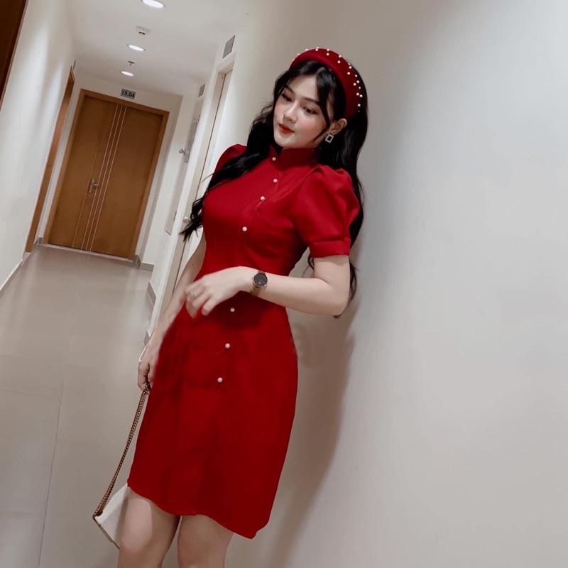 ĐẦM ĐỎ, CỔ ÁO DÀI, NÚT NGỌC (có ảnh thật) MS114
