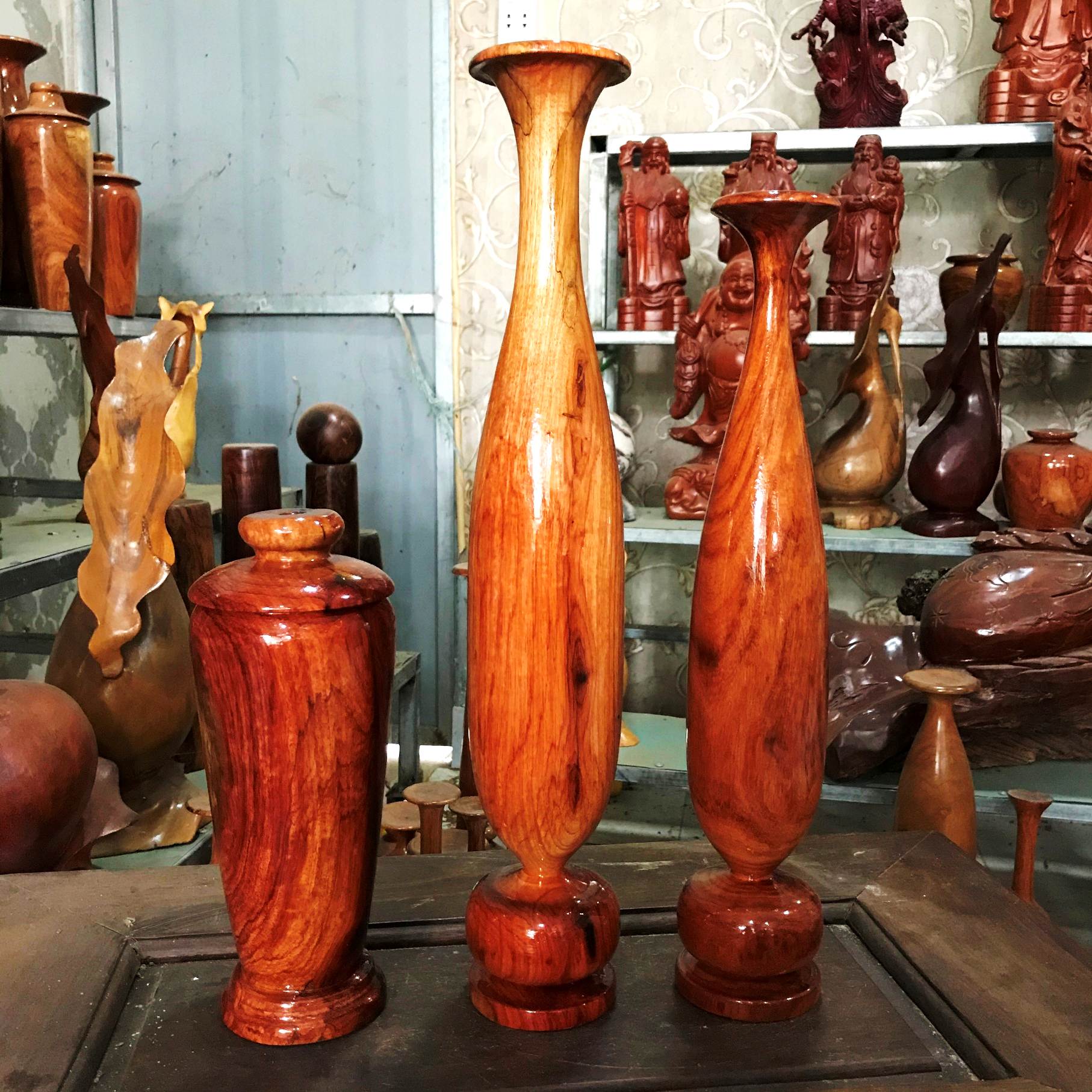 Bộ Lộc Bình, Chum nghệ thuật gỗ Giáng Hương 3 món cao 40-35-23cm