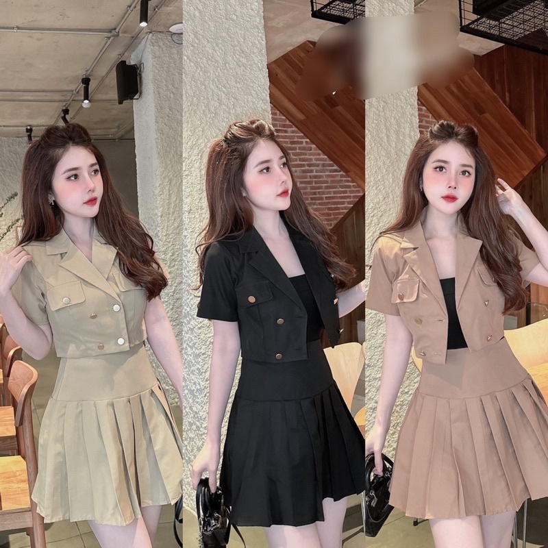 sét áo blazer kèm chân váy xếp ly 3 màu